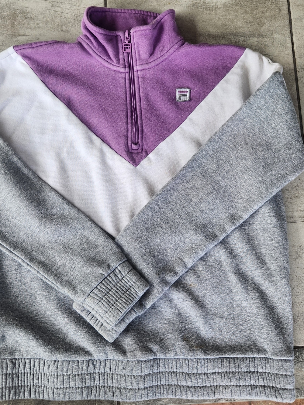 FILA Colorblock 1/4 Zip Fleece Sweatshirt Purple White Grey Womens Size S